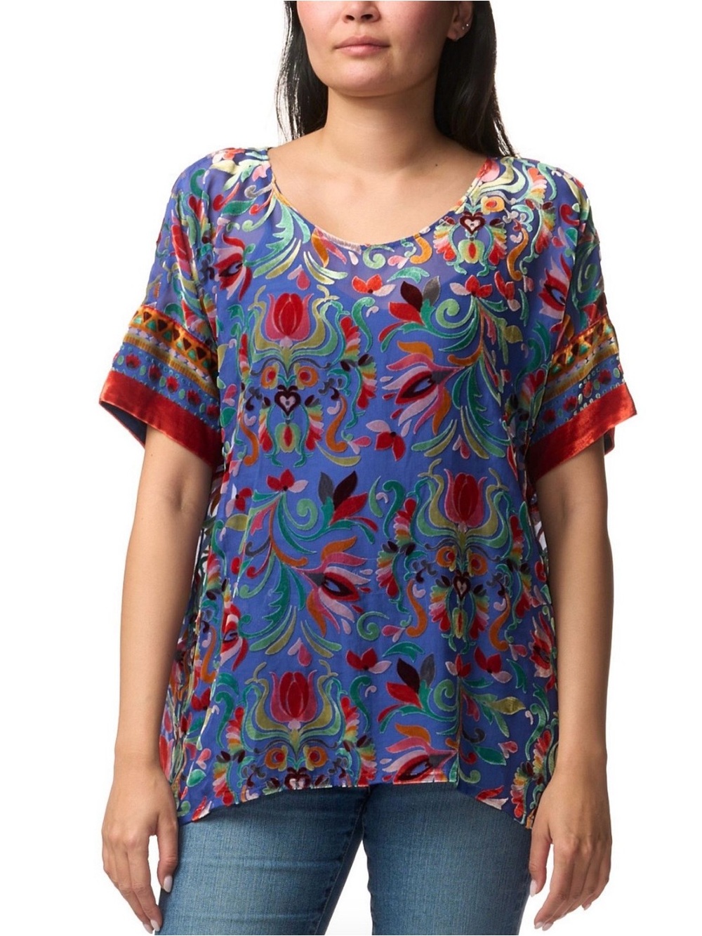 Johnny Was Blue mariafe Floral Scoop-Neck Tunic with Red Trim